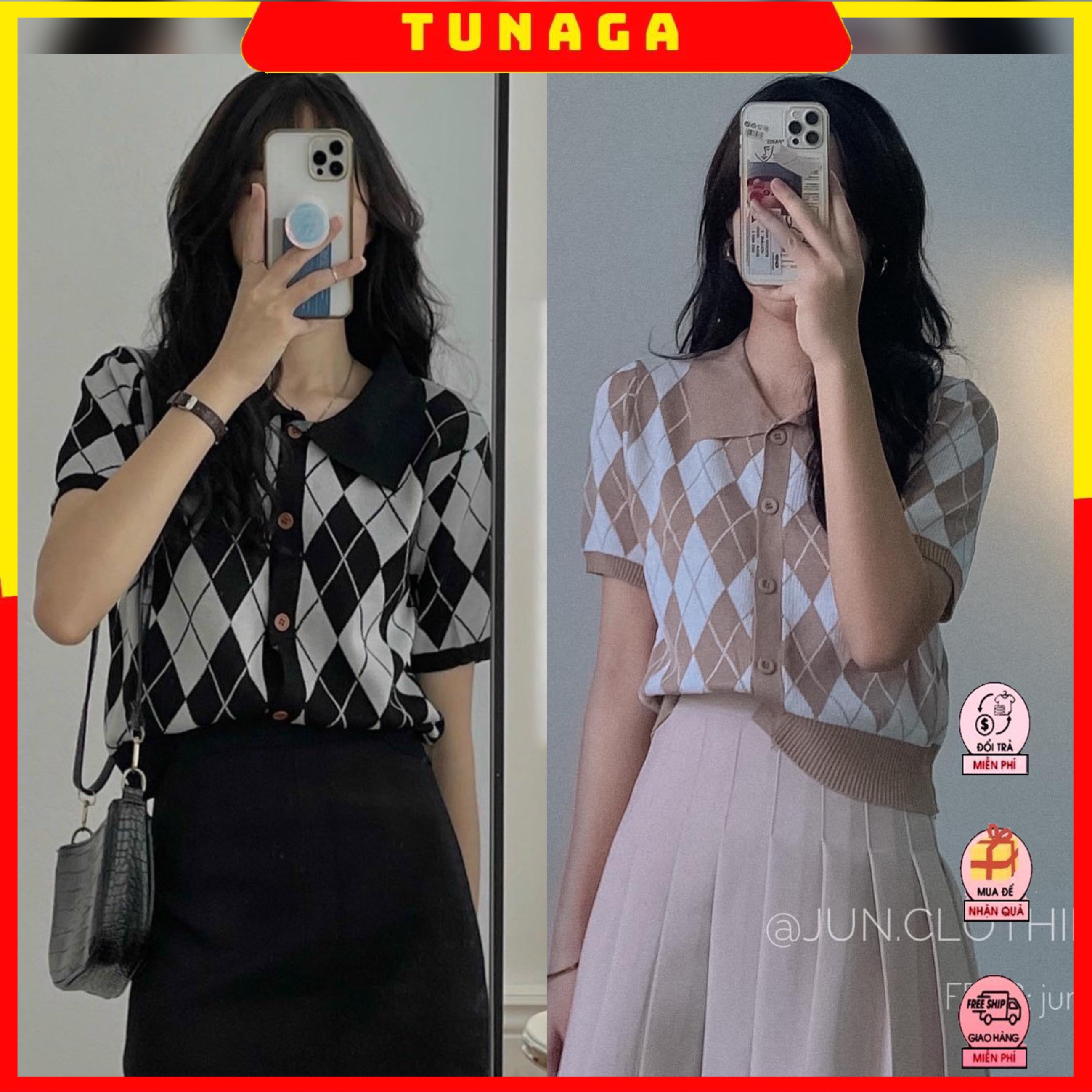 Áo croptop nữ tay cộc len dệt kim hình thoi - áo len nữ cổ đức hàn quốc họa tiết ô trám phối chân váy, quần siêu xinh