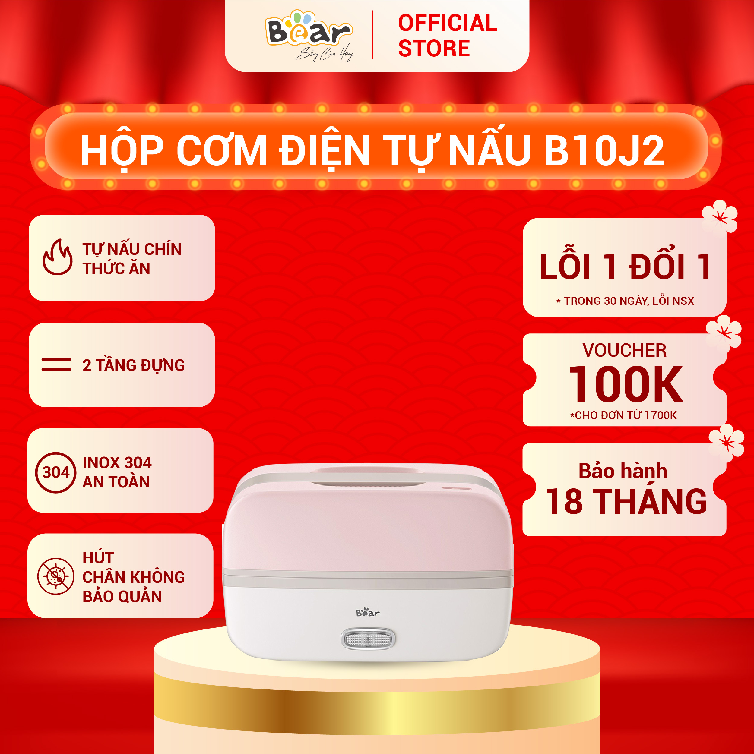 Hộp Cơm Cắm Điện Bear B10J2 Giữ Nhiệt, Hâm Nóng và Tự Nấu Chín Tiện Lợi, An Toàn