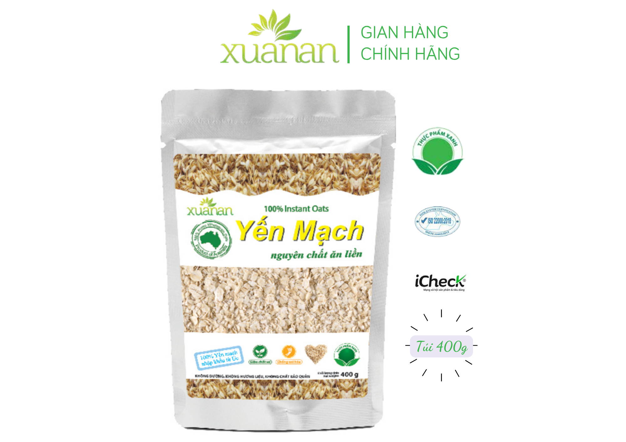 Yến mạch nguyên chất ăn liền xuân an túi 400g