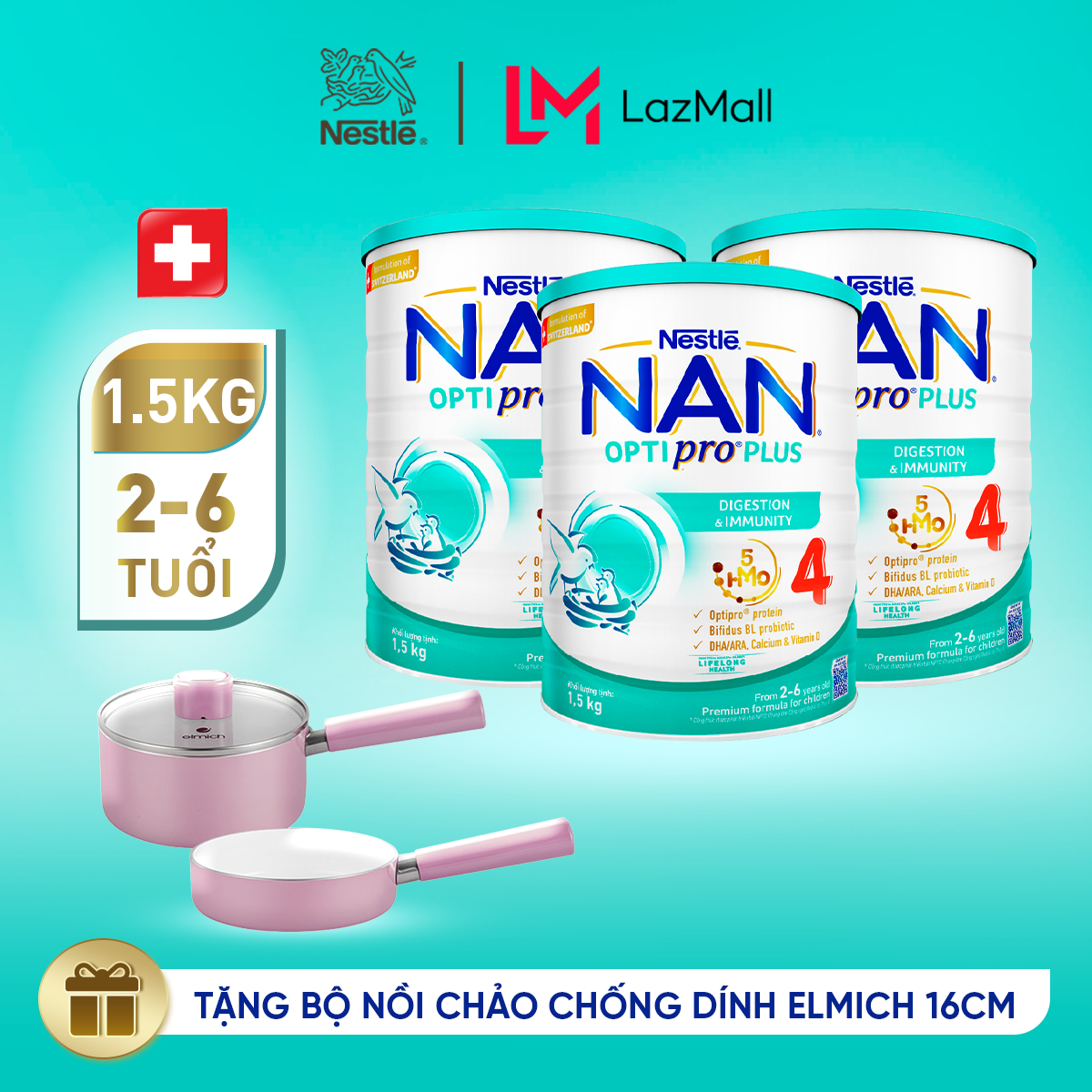 [Tặng Bộ nồi chảo chống dính Elmich] Bộ 3 lon Sữa bột Nestlé NAN OPTIPRO PLUS 4  với 5HMO xuất xứ Thụy Sĩ - Hộp 1500g/lon với 5HMO Giúp tiêu hóa tốt + Tăng cường đề kháng