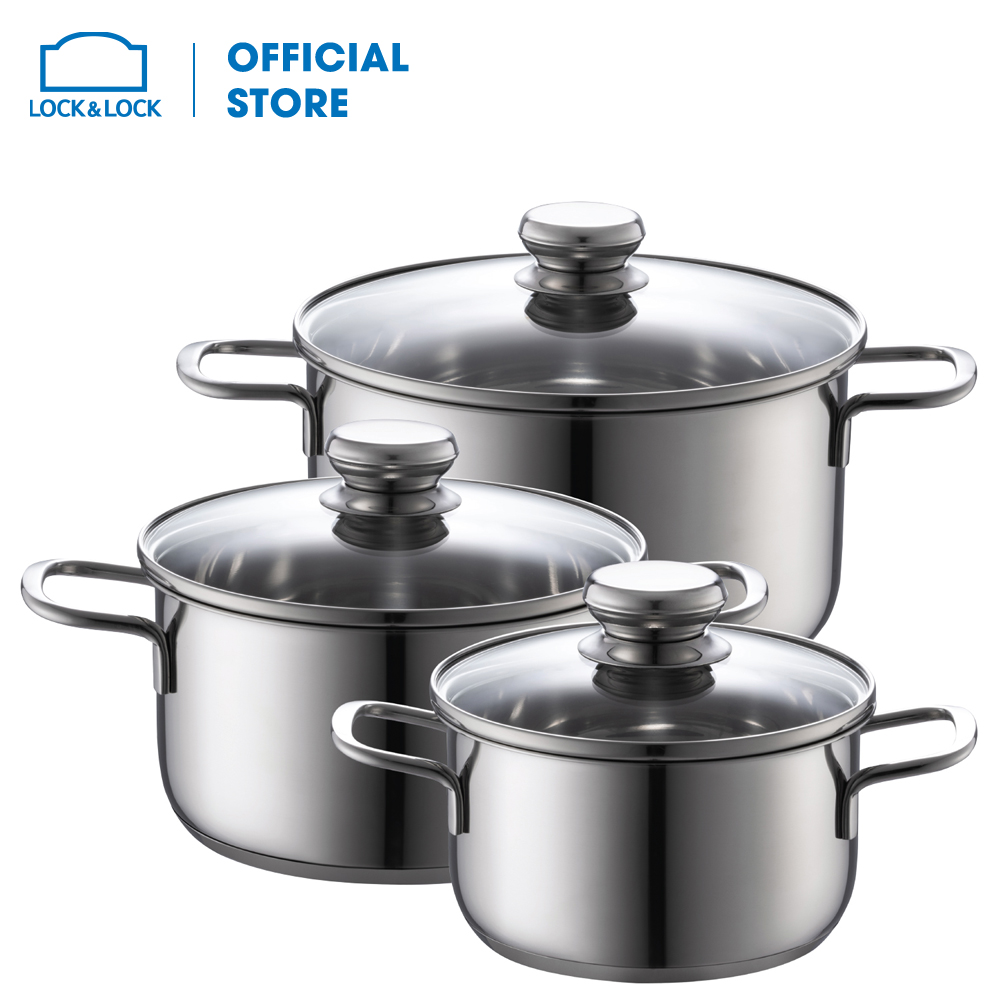 Bộ 3 nồi Lock&Lock bằng thép không gỉ 3P (16cm - 20cm - 24cm ) - CSC600S3 kèm nắp thủy tinh