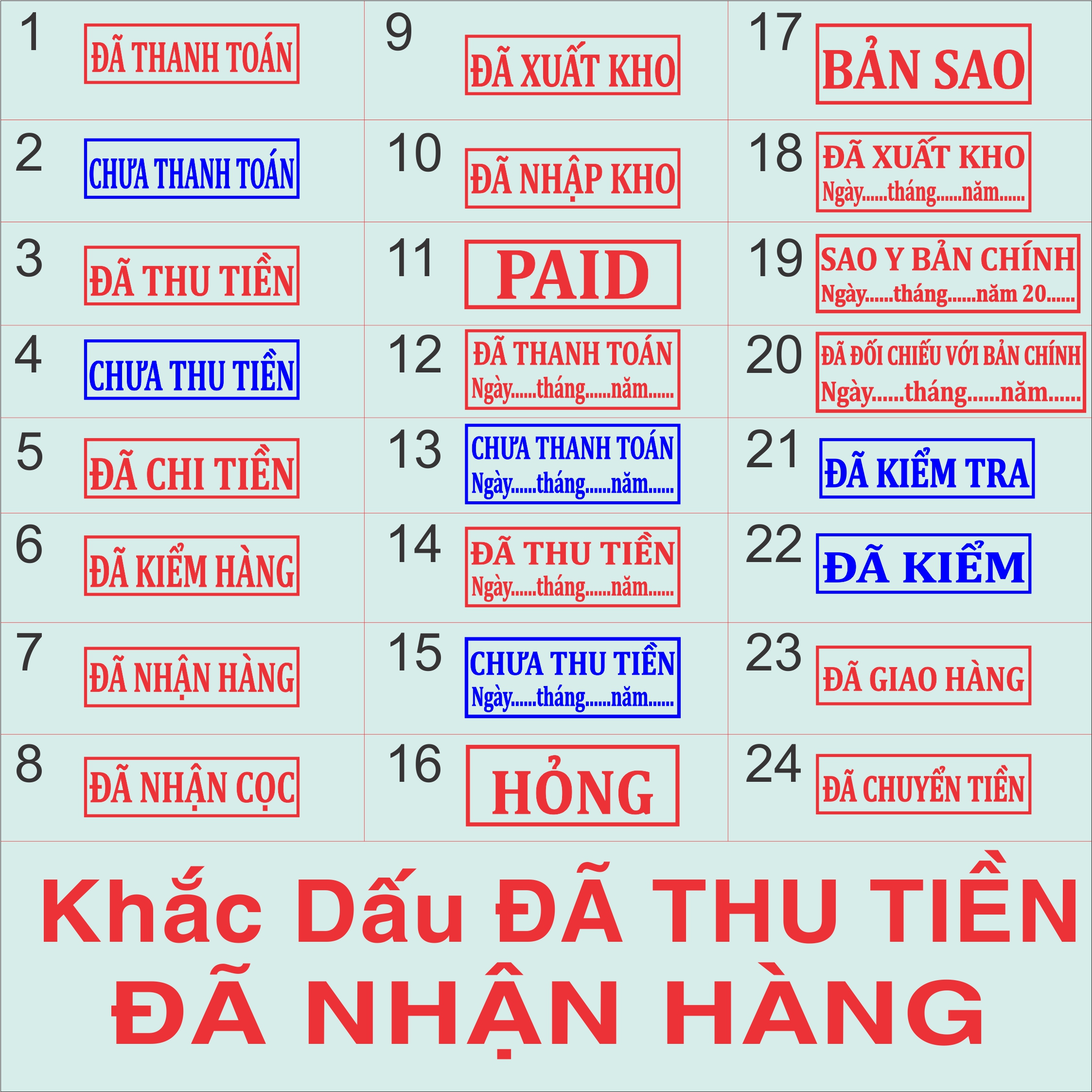 Con dấu đã thu tiền, đã thanh toán, đã nhận hàng