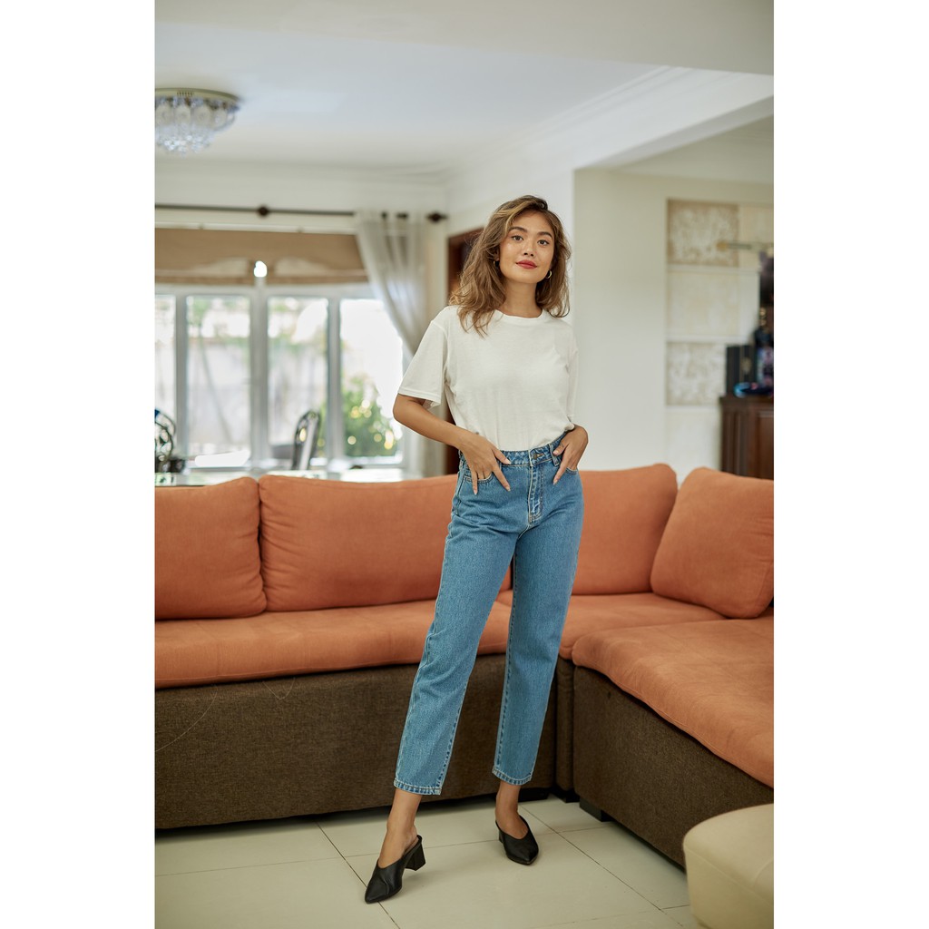 Quần jeans lưng cao nữ - momfit ocean blue