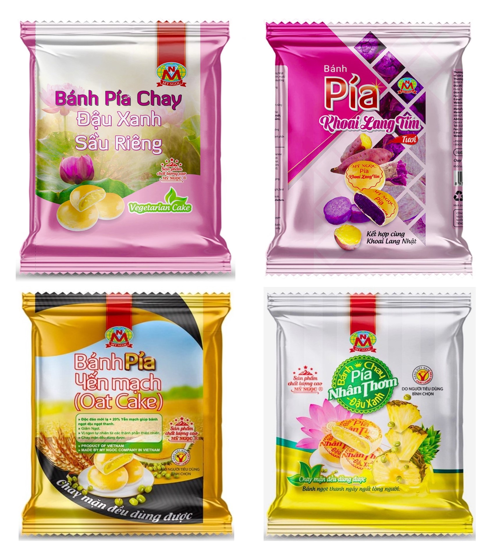 1 combo 4 bánh pía chay sầu riêng hảo hạng - sầu riêng tươi, khoai lang tím, sầu riêng yến mạch, thơm chín chanh tươi