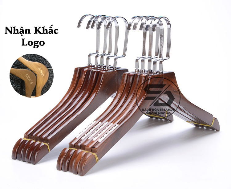 Bộ 100 móc gỗ nâu vai đệm cao cấp đầu móc vuông dẹp 44cm