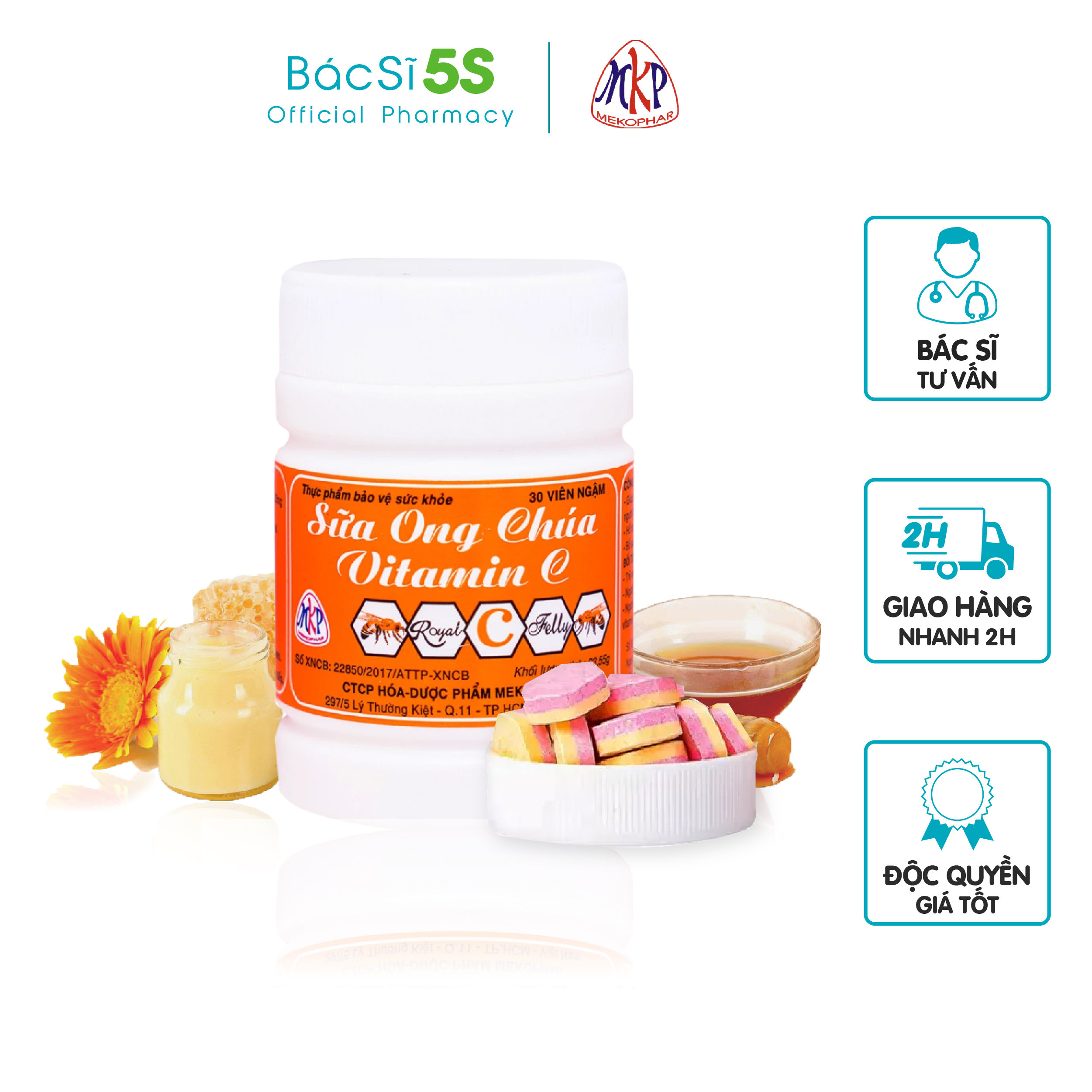 Viên kẹo ngậm sữa ong chúa vitamin C cho bé tăng sức đề kháng Mekophar - Lọ 30 viên