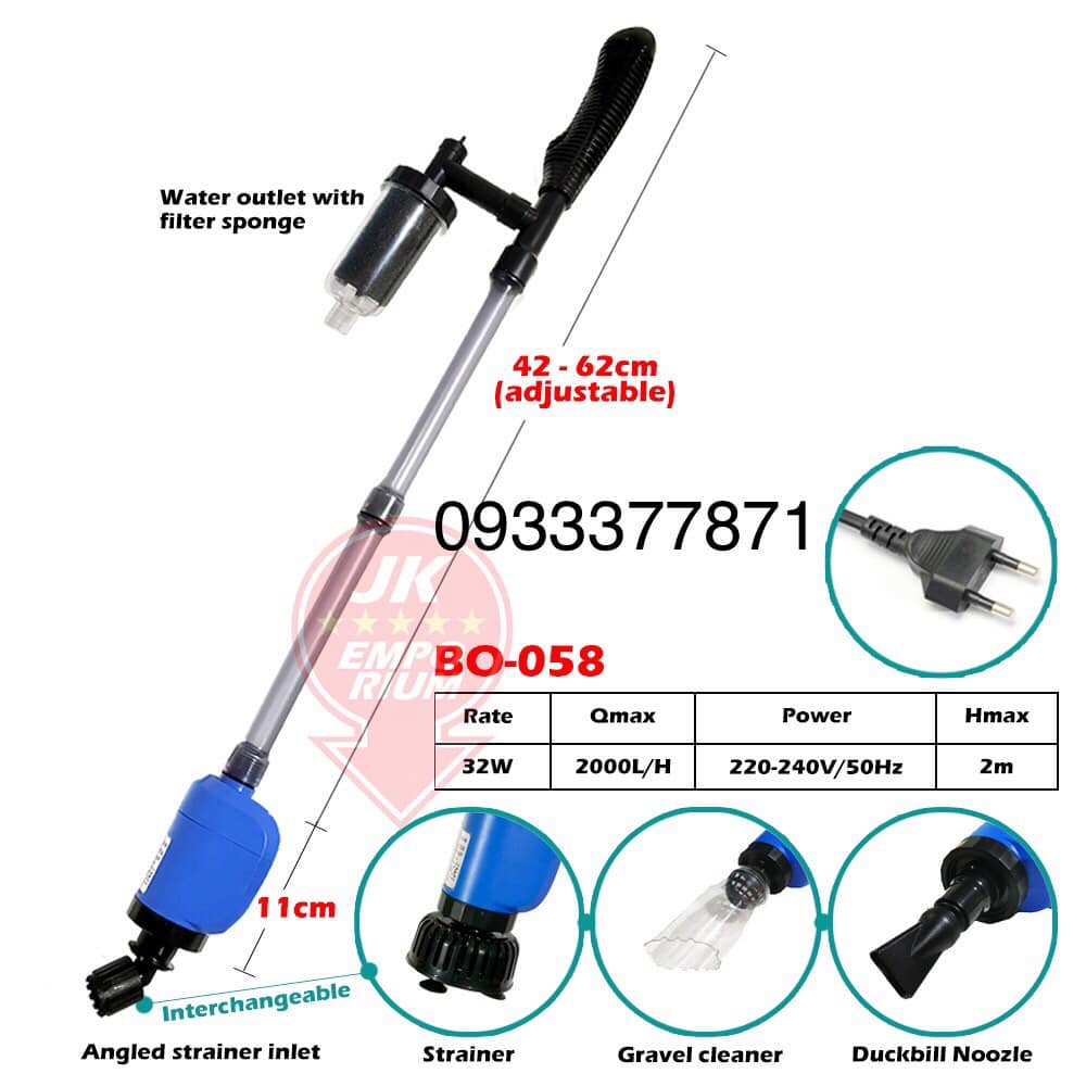 (FREESHIP) MÁY HÚT CẶN, VỆ SINH HỒ CÁ SOBO BO-058 XÀI BẰNG ĐẦU BƠM (32W)