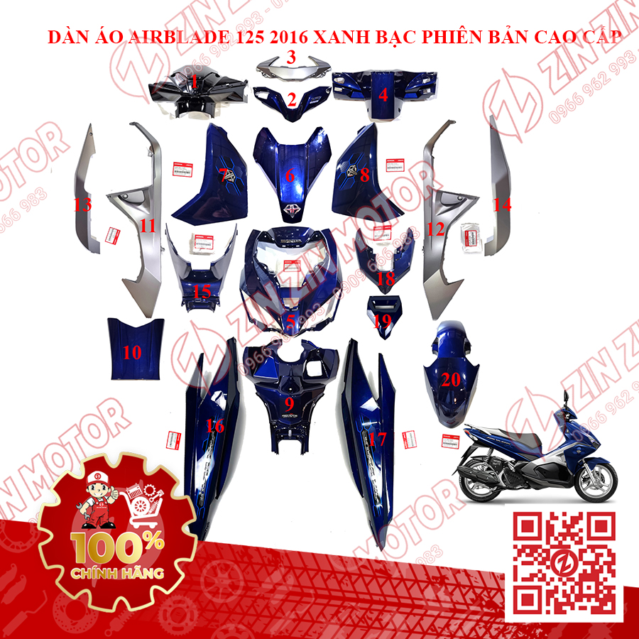 Dàn Áo AB 2016, Dàn Áo Xe Air Blade 125 2016 Xanh Bạc Phiên Bản Cao Cấp Chính Hãng Honda - ZZM