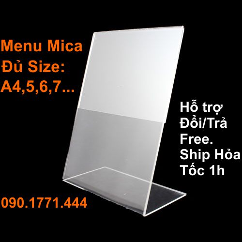 Menu mica L A4,A5,A6,A7, Mica quét mã QRCode,Bảng thông tin sản phẩm, Mica thông tin chuyển khoản,mica để bàn, Đủ size