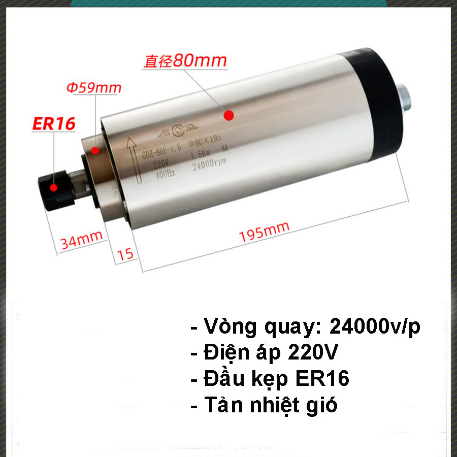 Củ đục vi tính, Spindle 1.5kW tròn tản nhiệt gió ER16