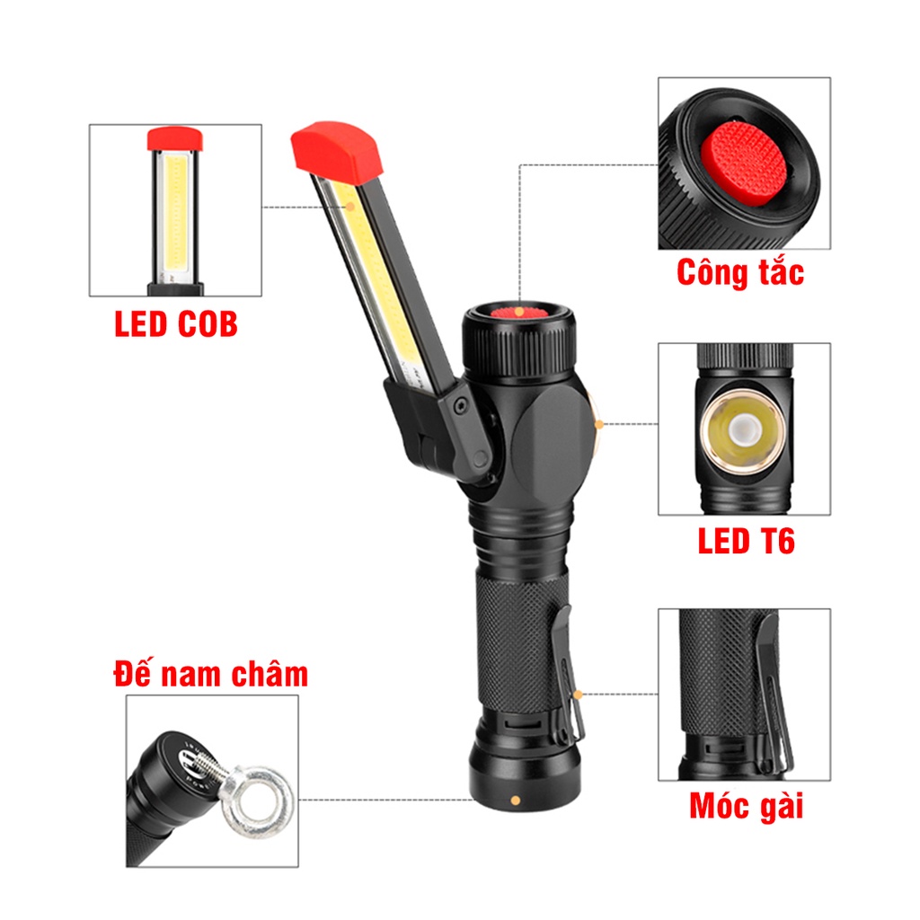 Đèn pin led cob + t6 dùng pin 18650 sạc pin đa năng, đế nam châm w550
