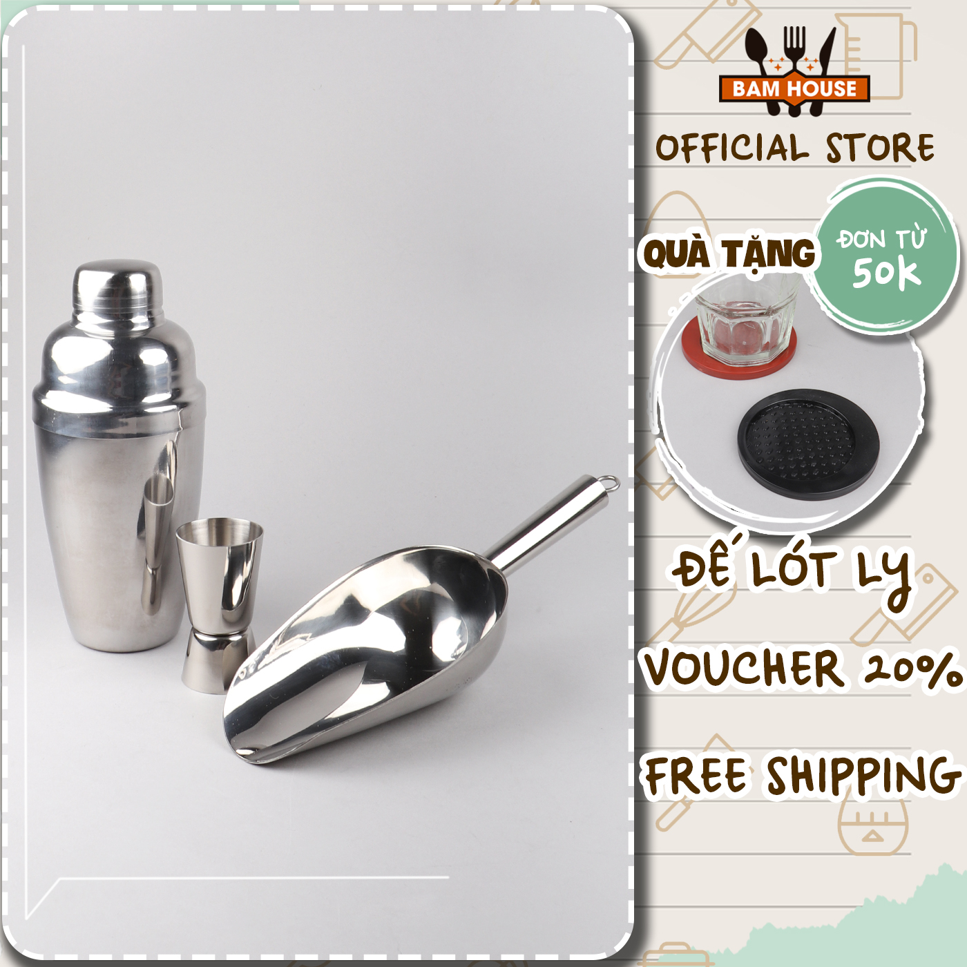 Combo bình lắc, dụng cụ xúc đá và ly đong định lượng inox Bam House sáng bóng cao cấp BLX01 – Gia dụng bếp