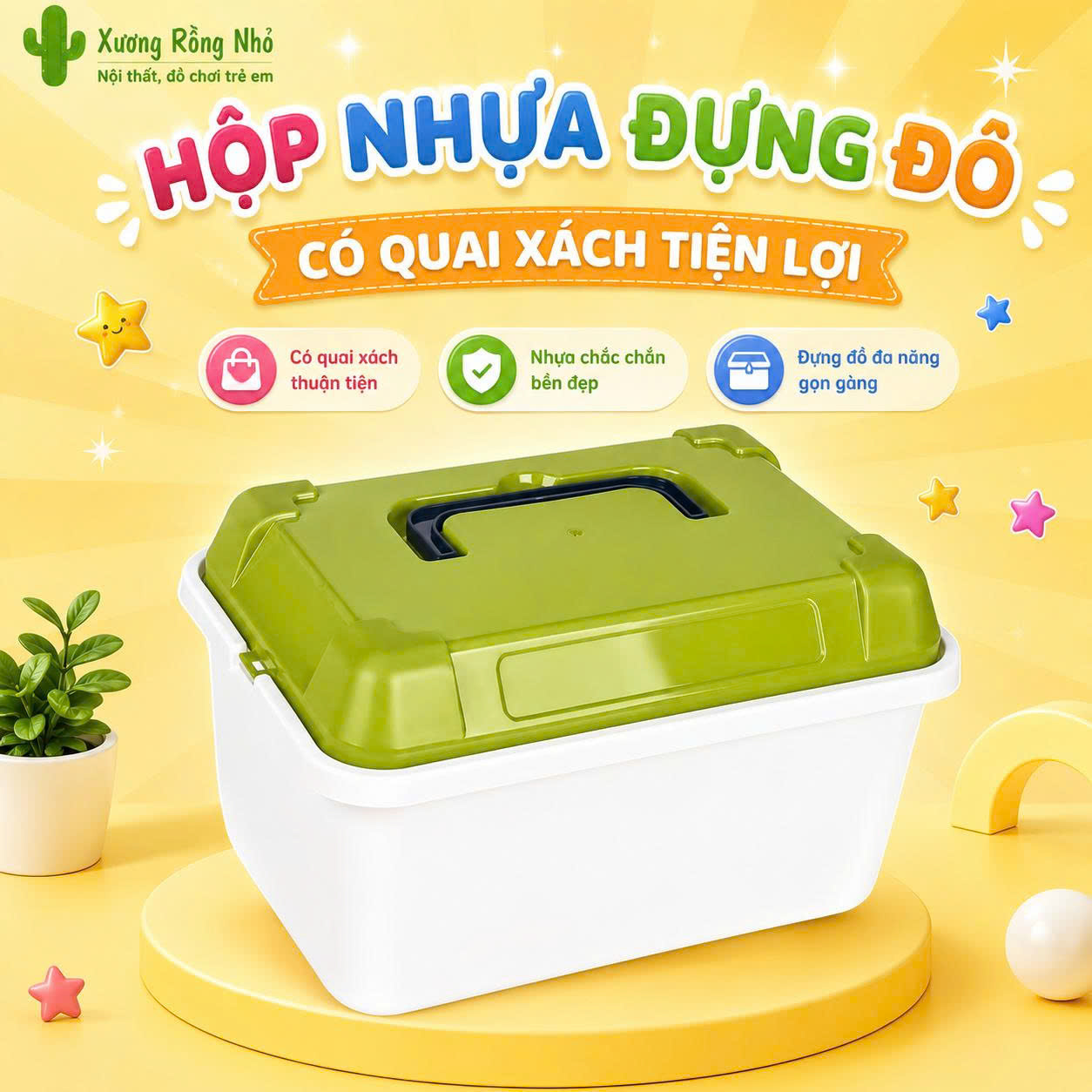 Hộp Đựng Đồ Chơi Đa Năng Bằng Nhựa Có Quai Xách, Hộp Đựng Đồ Mini Có Nắp Đậy, Xương Rồng Nhỏ