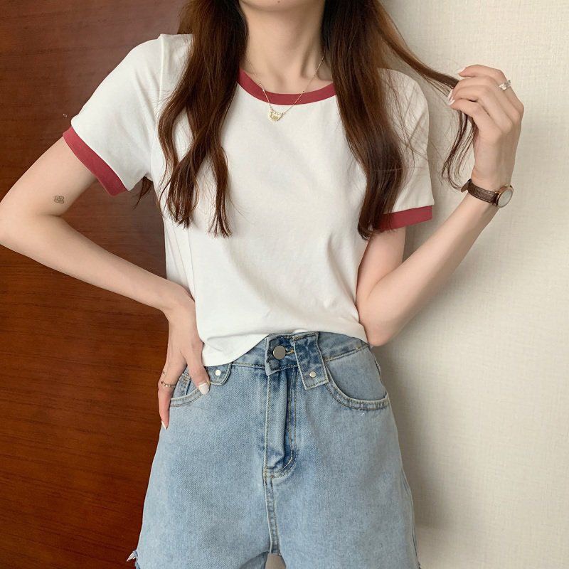 Áo Thun Nữ T-shirt cổ tròn tay áo ngắn thon gọn chất vải cotton màu sắc tương phản, thời trang mùa hè 2023, áo mặc mùa hè