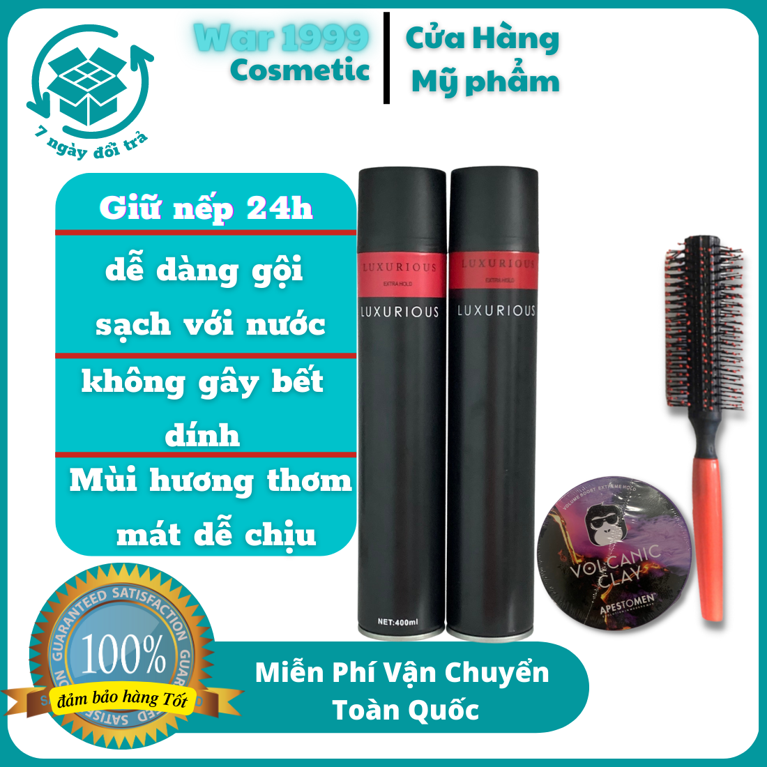 Combo gôm xịt tóc nam tạo kiểu tóc LUXURIOUS tặng lược kèm sáp vuốt tóc volcanicc clay