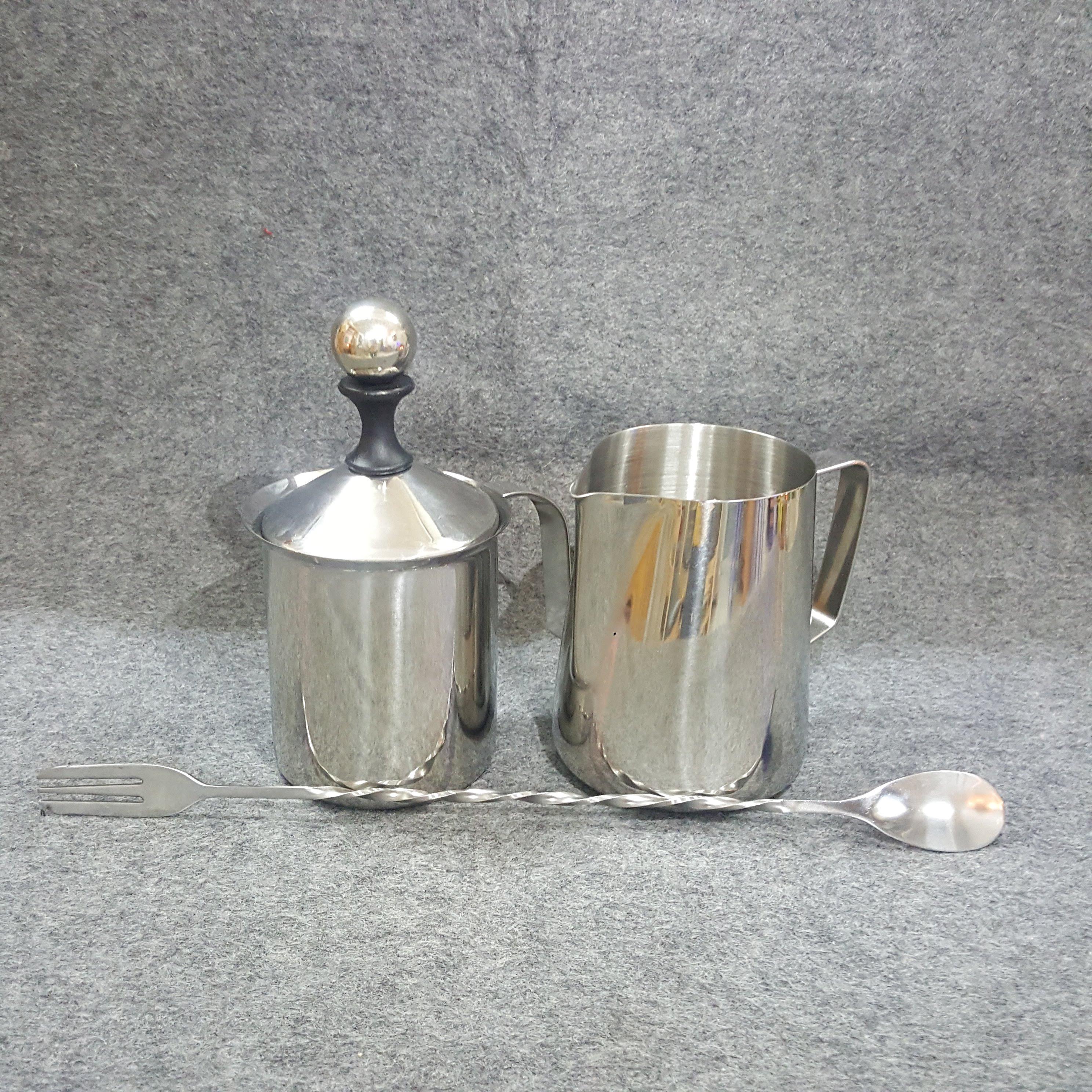 Combo Ca đánh sữa lạnh 400ml, ca rót sữa Inox 600ml và muỗng Inox 2 đầu