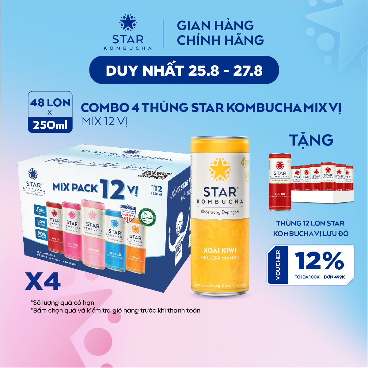 Combo 4 thùng 12 lon trà star kombucha mix vị - family pack