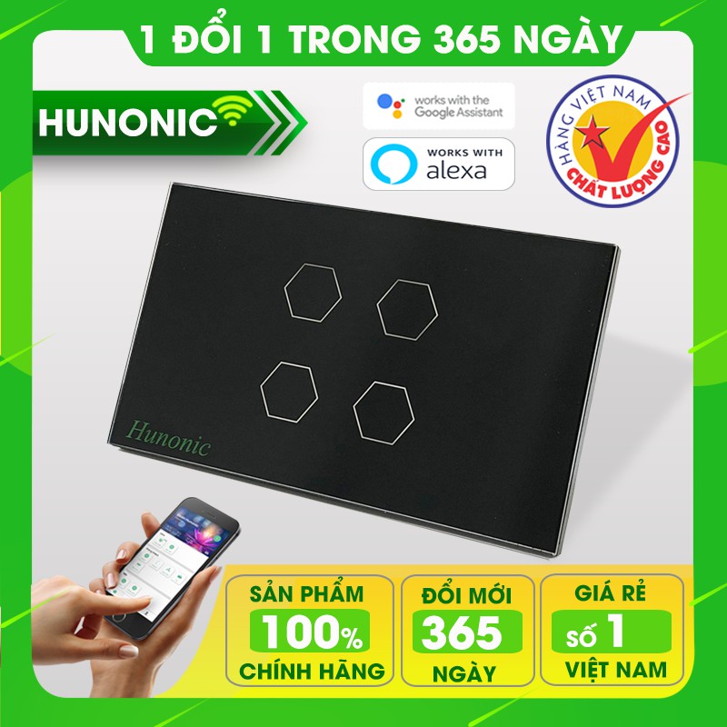 [ BH 12 tháng ] Công tắc thông minh Hunonic 4 nút tích hợp ổ hỗ trợ Google Assistant . Công tắc cảm ứng WIFI kính cường lực- Công tắc điện 2 màu đen trắng Hàng Việt Nam Phần Mềm Tiếng Việt-