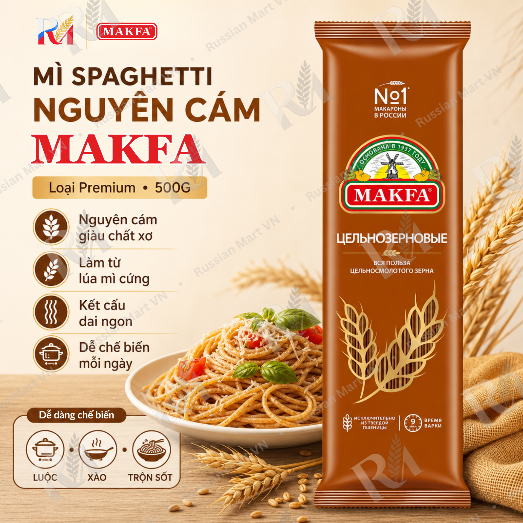 Mì Spaghetti Nguyên Cám Makfa Premium 500G - Pasta Nguyên Cám Làm Từ Lúa Mì Cứng, Giàu Chất Xơ, Luộc Nhanh 9 Phút, Nhập Khẩu Chính Ngạch Từ Nga