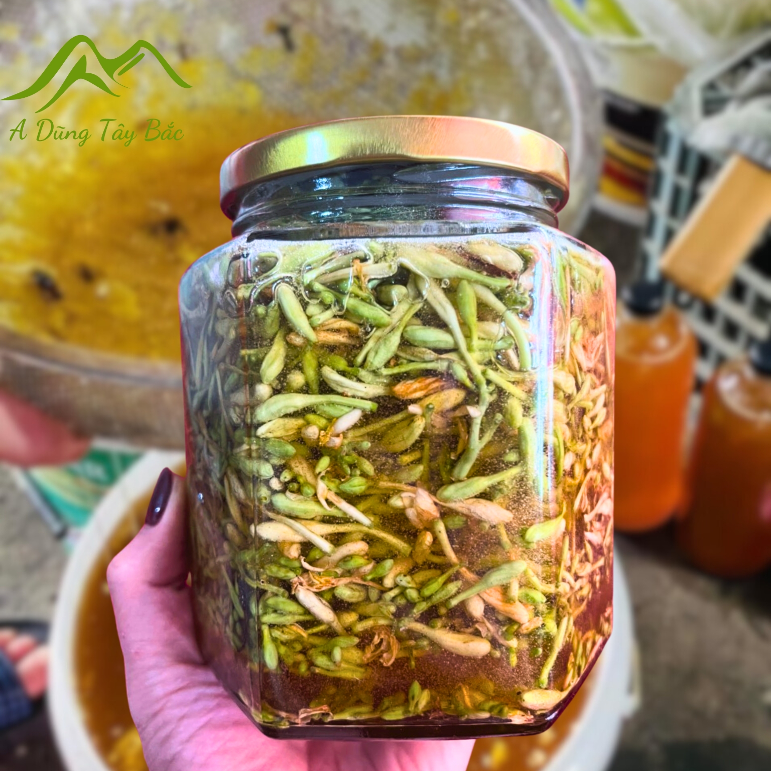 Hoa đu đủ đực tươi ngâm mật ong rừng nguyên chất - Hũ thủy tinh 750ml