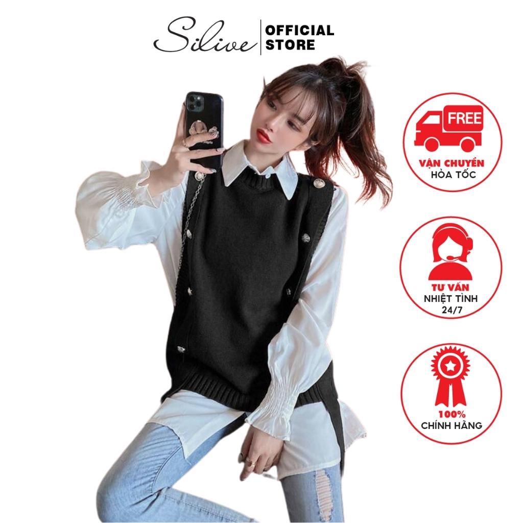 Set áo gile len mix sơ mi trắng kèm đai kiểu dáng sang chảnh hàng QC loại 1
