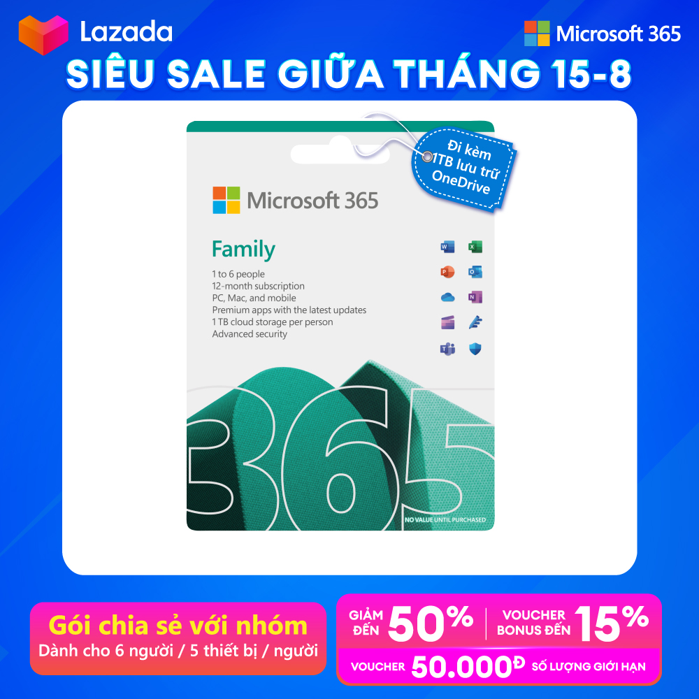 [ KEY GIA HẠN hoặc MUA MỚI ] Phần mềm Microsoft 365 FAMILY | Dành cho tối đa 6 người | 12 tháng | 5 thiết bị/người | Word, Excel, PowerPoint | 1TB OneDrive