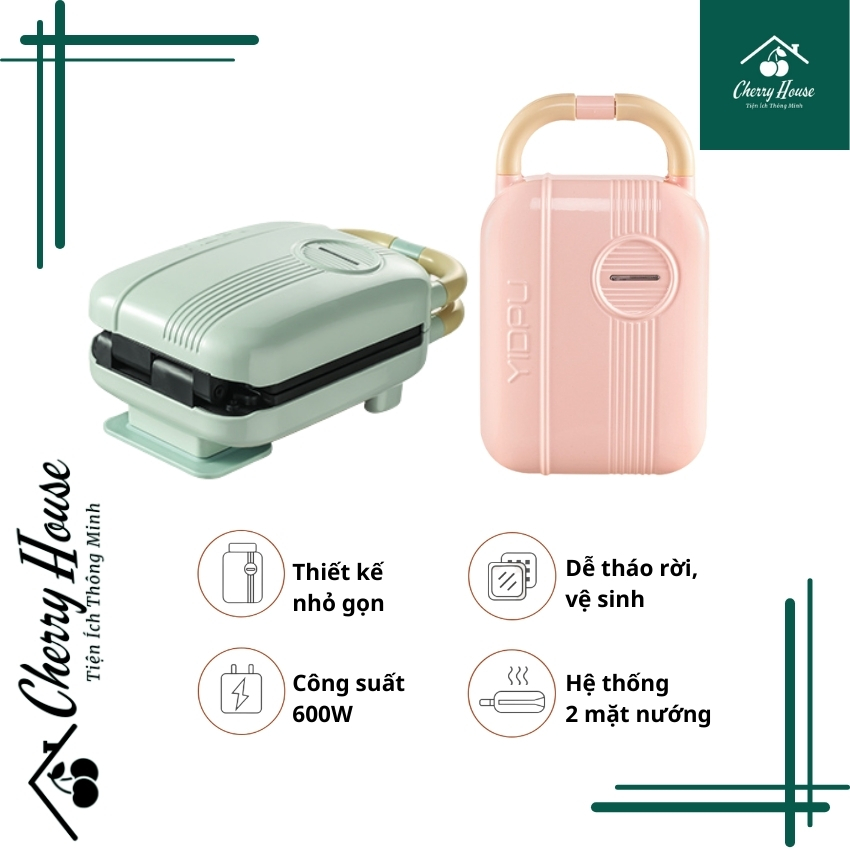 [FreeShip] Máy nướng bánh đa năng 5in1 CHERRYHOUSE CHKE02 có nhiều khay, nướng và làm bánh mì Sandwich, bánh Waffle, bánh trứng non, bánh cá, bánh Donut tiện lợi, phong màu pastel xinh xắn