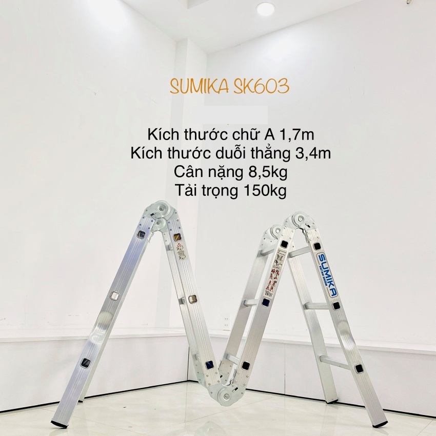 Thang nhôm gấp 4 đoạn sumika sk603, thang nhôm gấp đa năng , thang nhôm gấp gọn 3.4m - 5.6m tải trọng 150kg