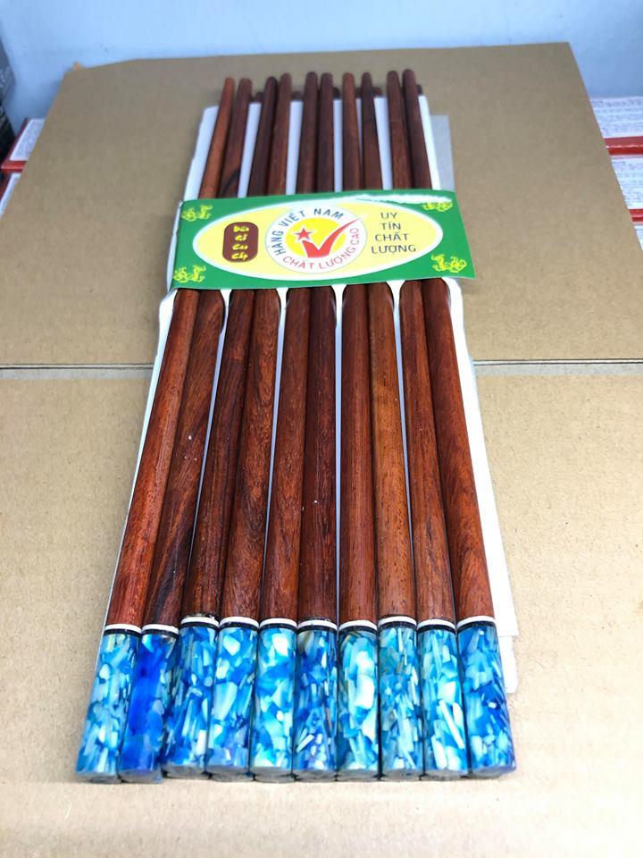 Bộ 10 đôi Đũa ăn gỗ Cẩm lai cao cấp đầu tròn khảm ỐC biển Xanh