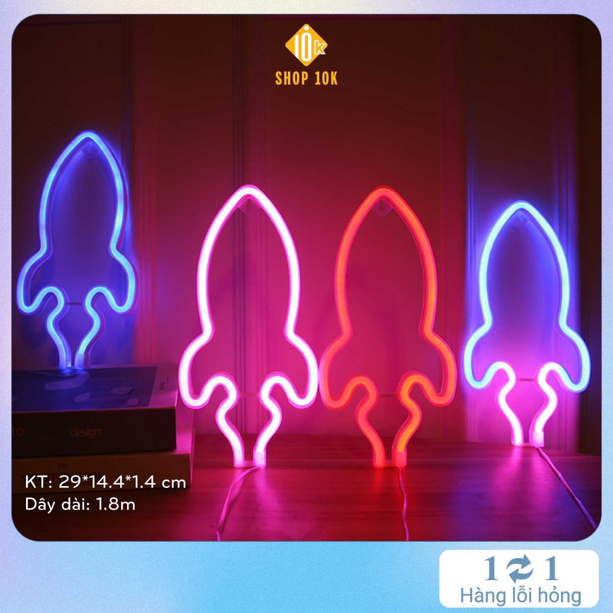Đèn led neon trang trí hình tên lửa nhiều màu sắc