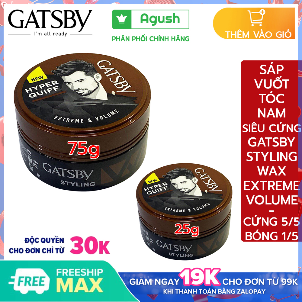 Sáp vuốt tóc nam nữ thơm giữ nếp lâu tạo kiểu siêu cứng không bóng chính hãng Gatsby Styling Wax Extreme & Volume hộp to 75g, lọ mini 25g màu nâu gốc nước không bết dính dễ rửa sạch giá rẻ