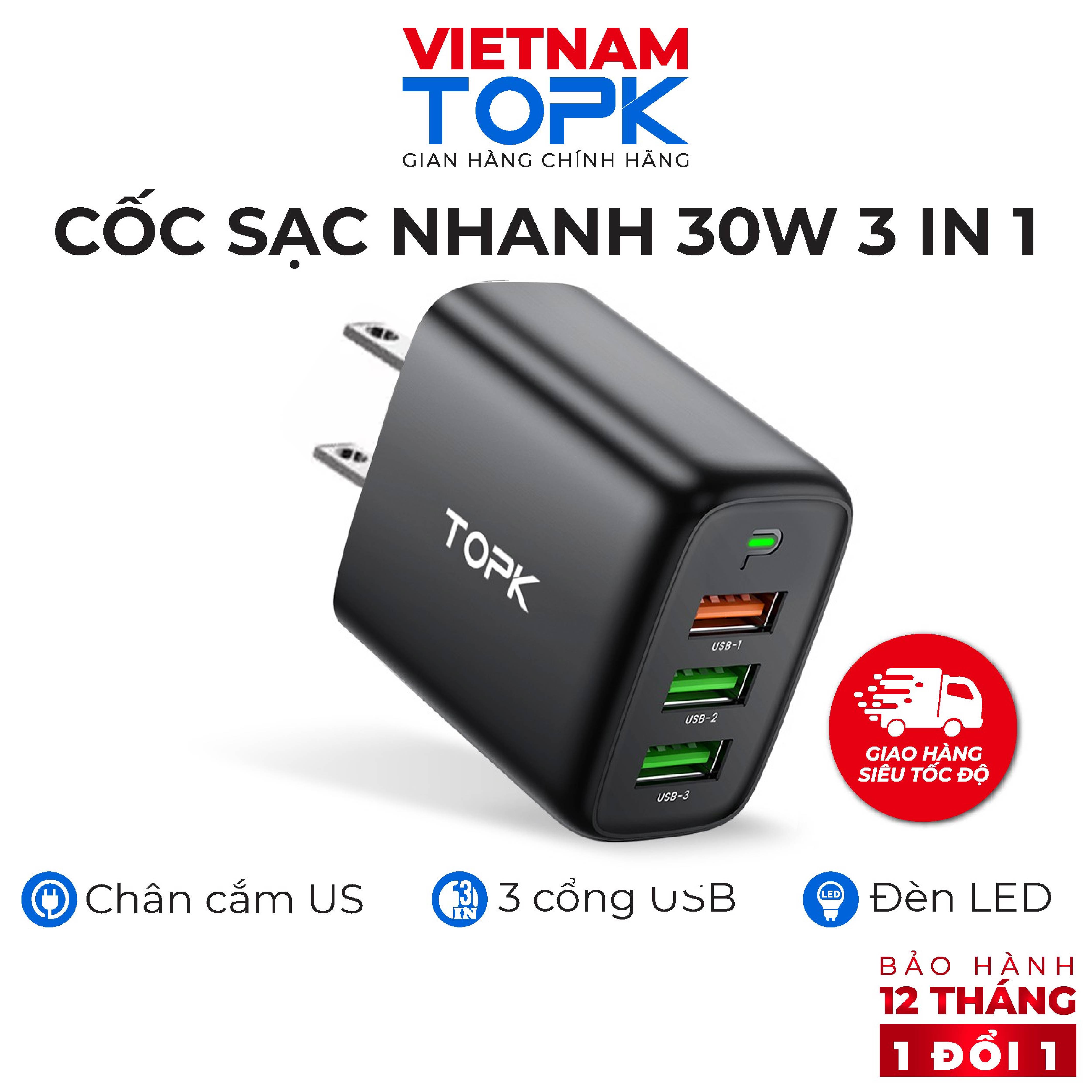 Cốc sạc nhanh 3 trong 1 TOPK B15 A3 Sạc nhanh QC 3.0 công suất 30W 3 cổng