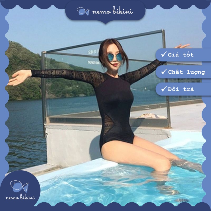 Bikini đi biển, đồ bơi nữ dài tay 1 mảnh liền thân tôn dáng tay lưới Nemo Bikini - B13