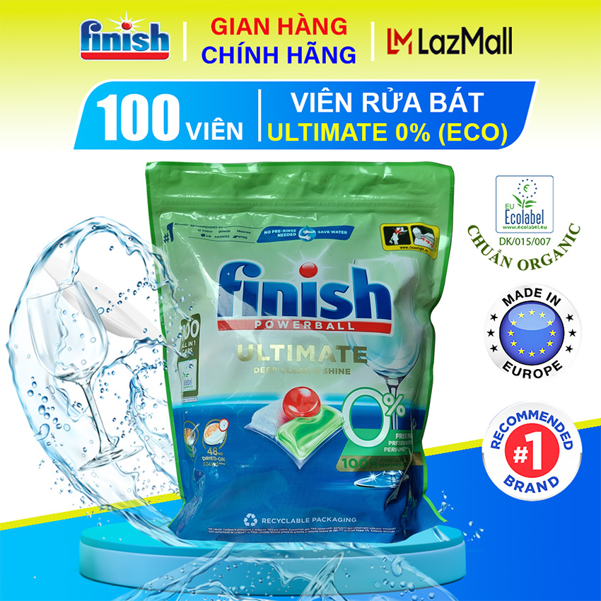 Viên rửa bát hữu cơ Finish Powerball Ultimate Deep Clean & Shine 0% - Túi 100 Viên Rửa Chén Finish E