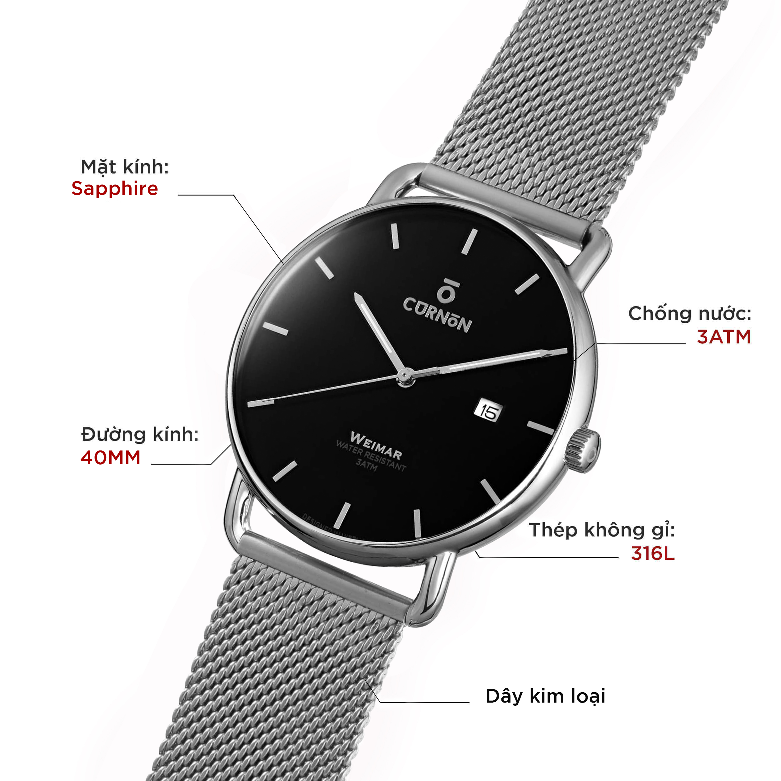 Đồng hồ nam Curnon Weimar Heinz dây thép cao cấp - Thiết kế thời trang kèm lịch ngày - Kính Sapphire, chống nước 3ATM - Hàng chính hãng