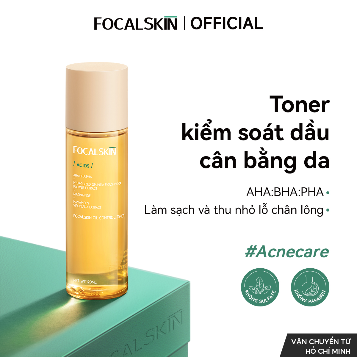  FOCALSKIN Toner Nước Hoa Hồng ACIDS Giảm Mụn Đầu Đen Kiềm Dầu AHA BHA PHA 120ml 
