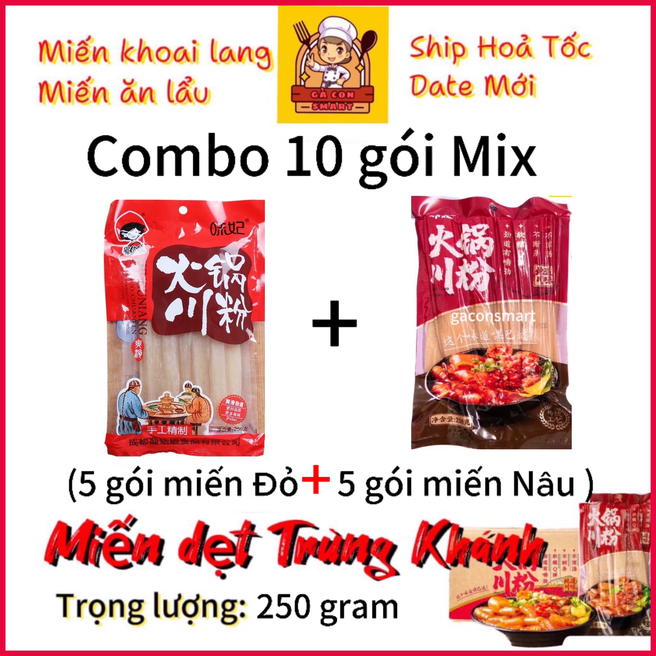 Combo 10 gói Miến dẹt Trùng Khánh ăn lẩu-250G-Thị Trường Sỉ- Miến dẹt Trùng Khánh - Miến khoai lang sợi dẻo, dai, thơm ngon - miến ăn lẩu Chính Hãng