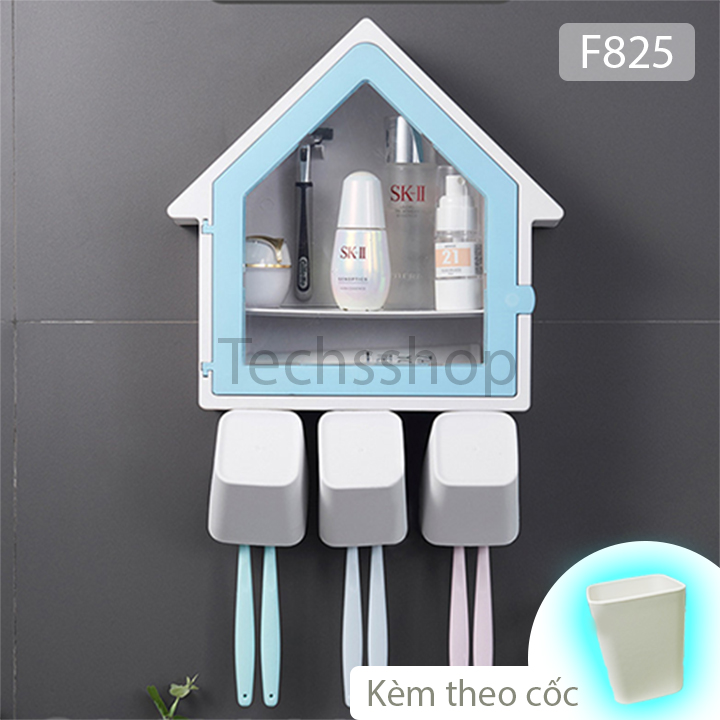 Bộ kệ nhà tắm 3 cốc đa năng có nắp đậy F825 hình ngôi nhà dán tường siêu dính - Kệ nhà vệ sinh để kem đánh răng dầu gội đầu - Kệ để đồ dùng nhà tắm - Khay để đồ - Bộ treo bàn chải - Kệ để mỹ phẩm sữa tắm