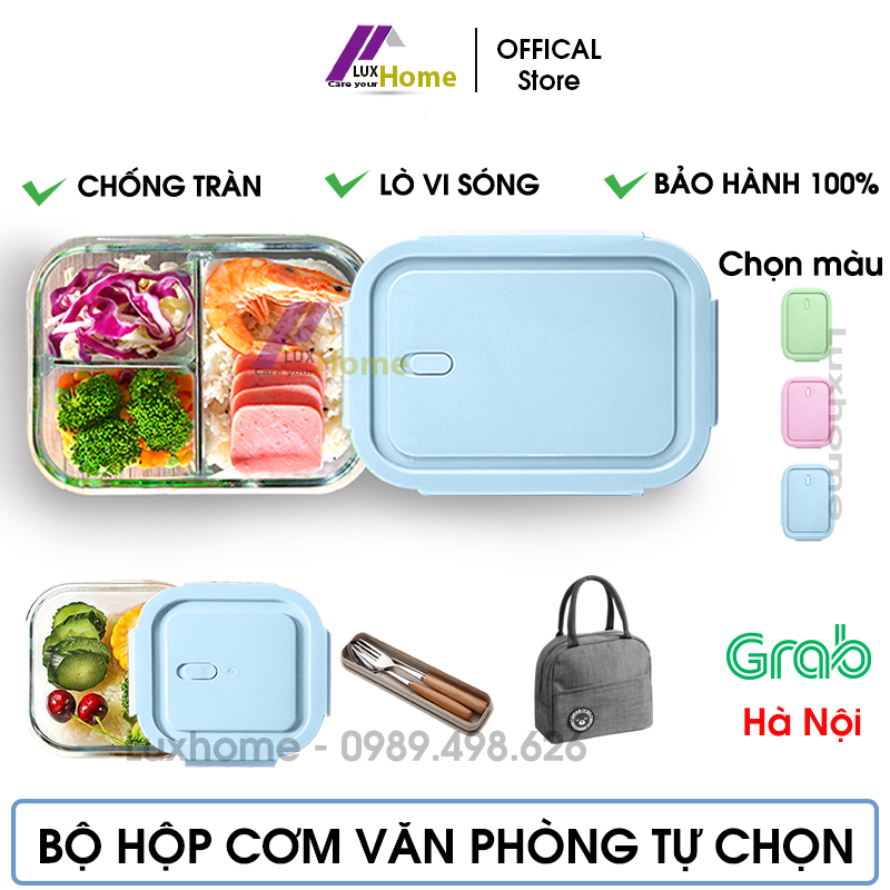 Hộp cơm văn phòng bằng thủy tinh chia ngăn chống tràn dùng được trong lò vi sóng Luxhome