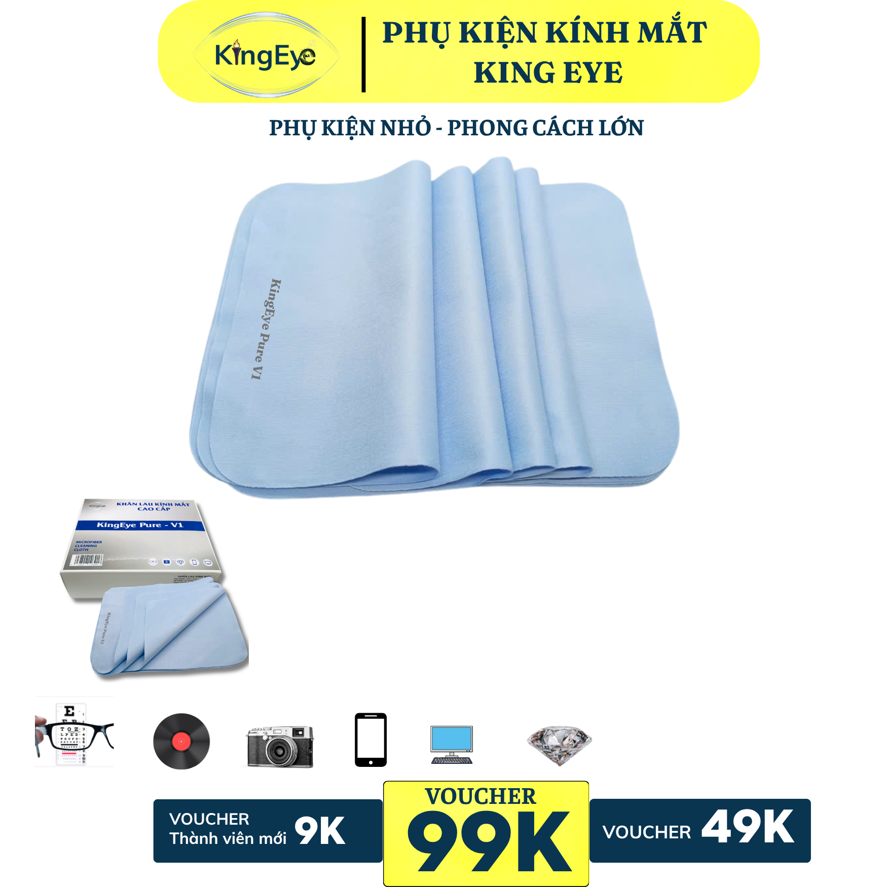 Combo 10 Khăn KingEye Pure V1 Cao Cấp Xanh lam cho Kính Mắt -Thiết Bị Quang Học - Điện Thoại - Máy Tính