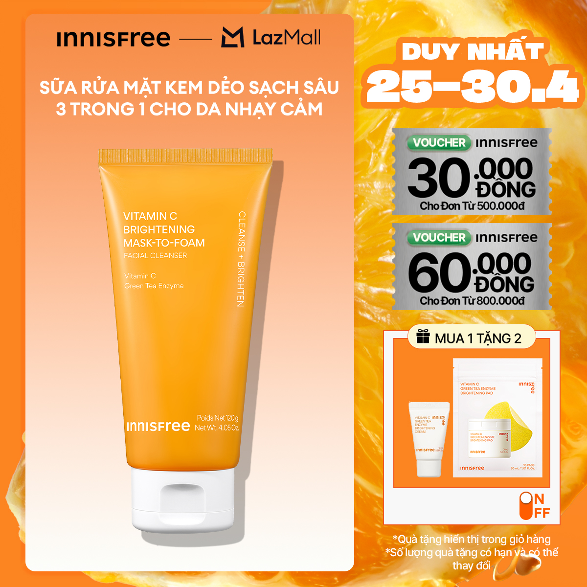 Sữa rửa mặt kem dẻo sạch sâu sáng da dịu nhẹ INNISFREE Vitamin C Brightening Mask-To-Foam Facial Cleanser 120g