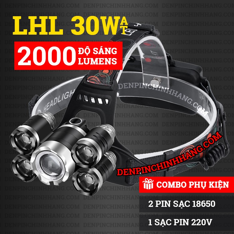 Đèn pin đội đầu 5 bóng 30w phiên bẩn 2020 - có zoom xa gần