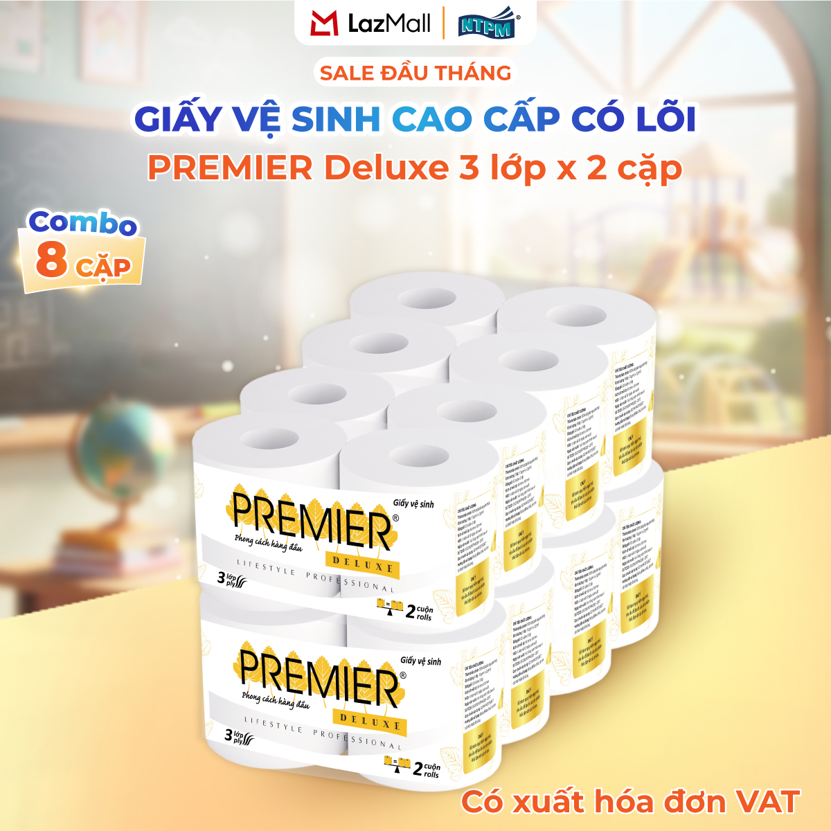 [COMBO 8 CẶP - 16 CUỘN] Giấy vệ sinh cao cấp PREMIER Deluxe có lõi, 3 lớp - 100% bột giấy nguyên sinh, không chất tẩy, 2 cuộn/cặp – Chính hãng