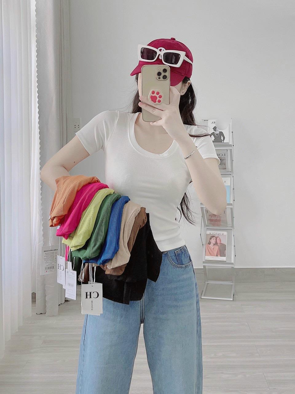Áo Thun Nữ, Áo Kiểu Nữ Cổ Chữ U, Tay Ngắn, Vải Gân THÁI Co Giãn Tốt, Ôm Body Mẫu mới mềm mịn mát, phối đồ siêu xinh, đi cafe, đi chơi đều xinh