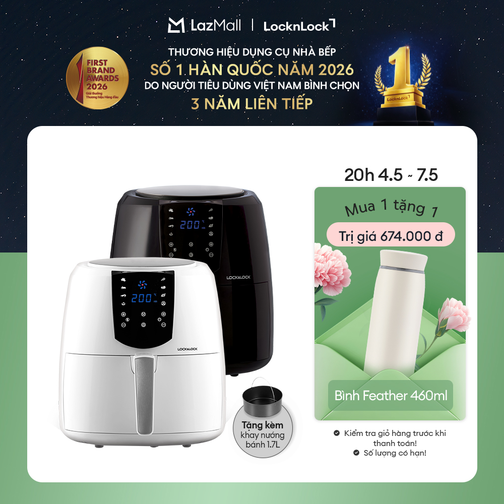 EJF357 - Nồi chiên không dầu LockLock 5.2L - Cảm ứng, 7 chế độ nấu, Tỏa nhiệt đối lưu, Tặng khay bánh - Chính hãng - Bảo hành 2 năm