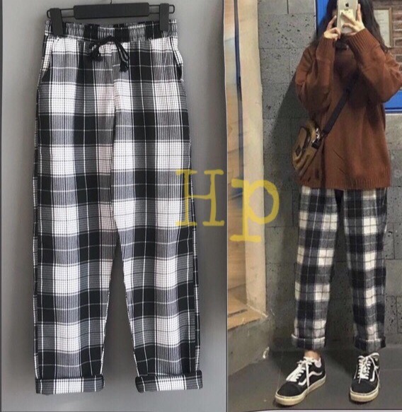 Lọ lem Luxuxy Ảnh thật Quần kẻ caro  Quần ống rộng  Quần kẻ caro xuông ống rộng