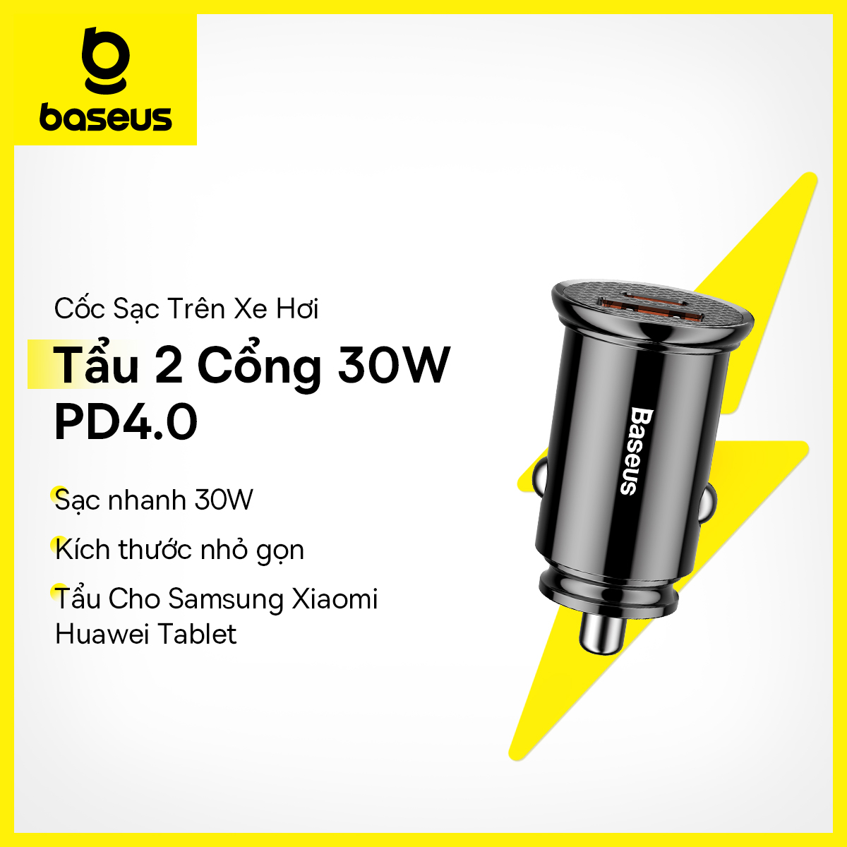 Cốc Sạc Trên Xe Hơi Baseus 2 Cổng 30W 4.0 Cho Samsung Xiaomi Huawei Tablet