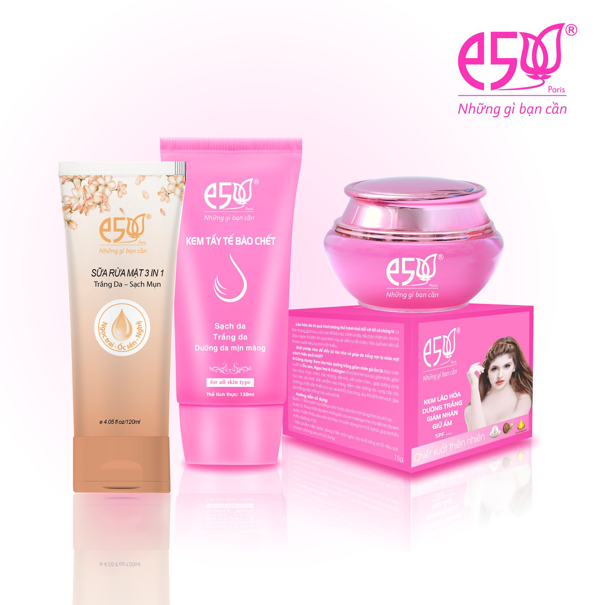Kem Lão Hóa Trắng Da Giảm Nhăn Giữ Ẩm E5 (12,18g,30g) Và Sữa Rửa Mặt Và Kem Tẩy Tế Bào Chết E5