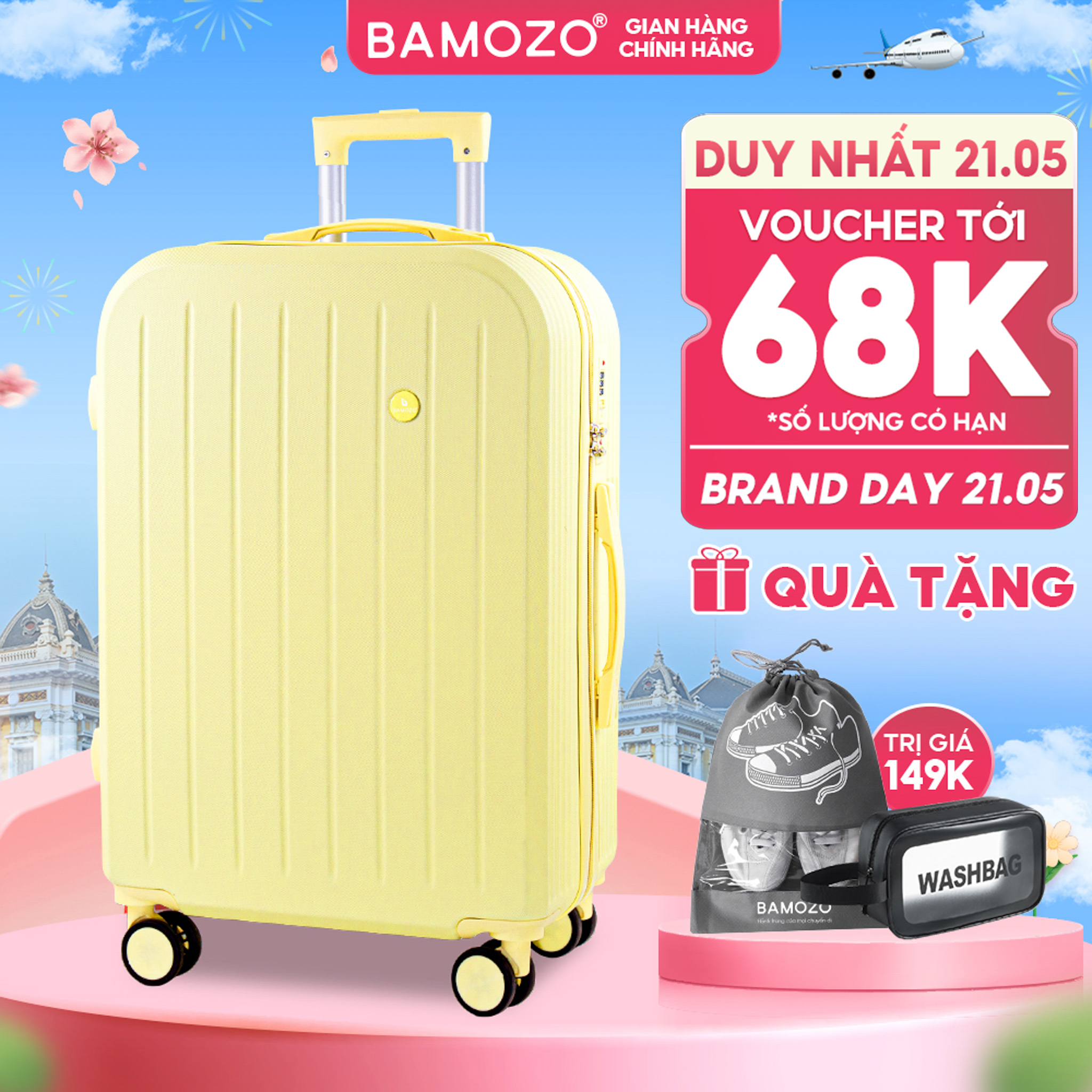  Vali Kéo Du Lịch 8812 Bamozo Bản Cao Cấp Màu Vàng Nhạt Size 20 24 Bảo Hành 5 Năm Nhựa ABS Chống Va Đập 