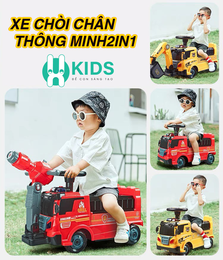 [Hoàn Tiền 10%]Xe chòi chân scooter thông minh biến dạng 2in1 mô phỏng ô tô cứu hoả có vòi phun nước, máy xúc cần cẩu cho bé